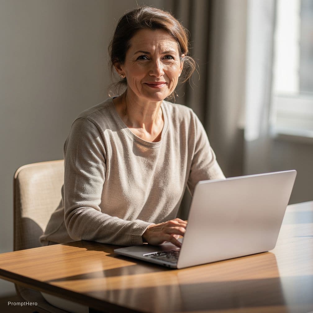 AI generated: A woman in her 50s is sitting in a chair with a table, and a laptop is on the table looking to carmr...