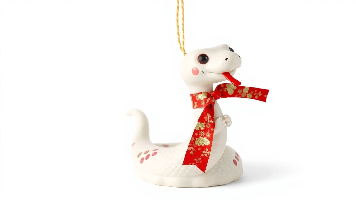 AI generated: Ceramic, cute white snake ornament with red and gold decoration on the body, holding a colorful Japa...