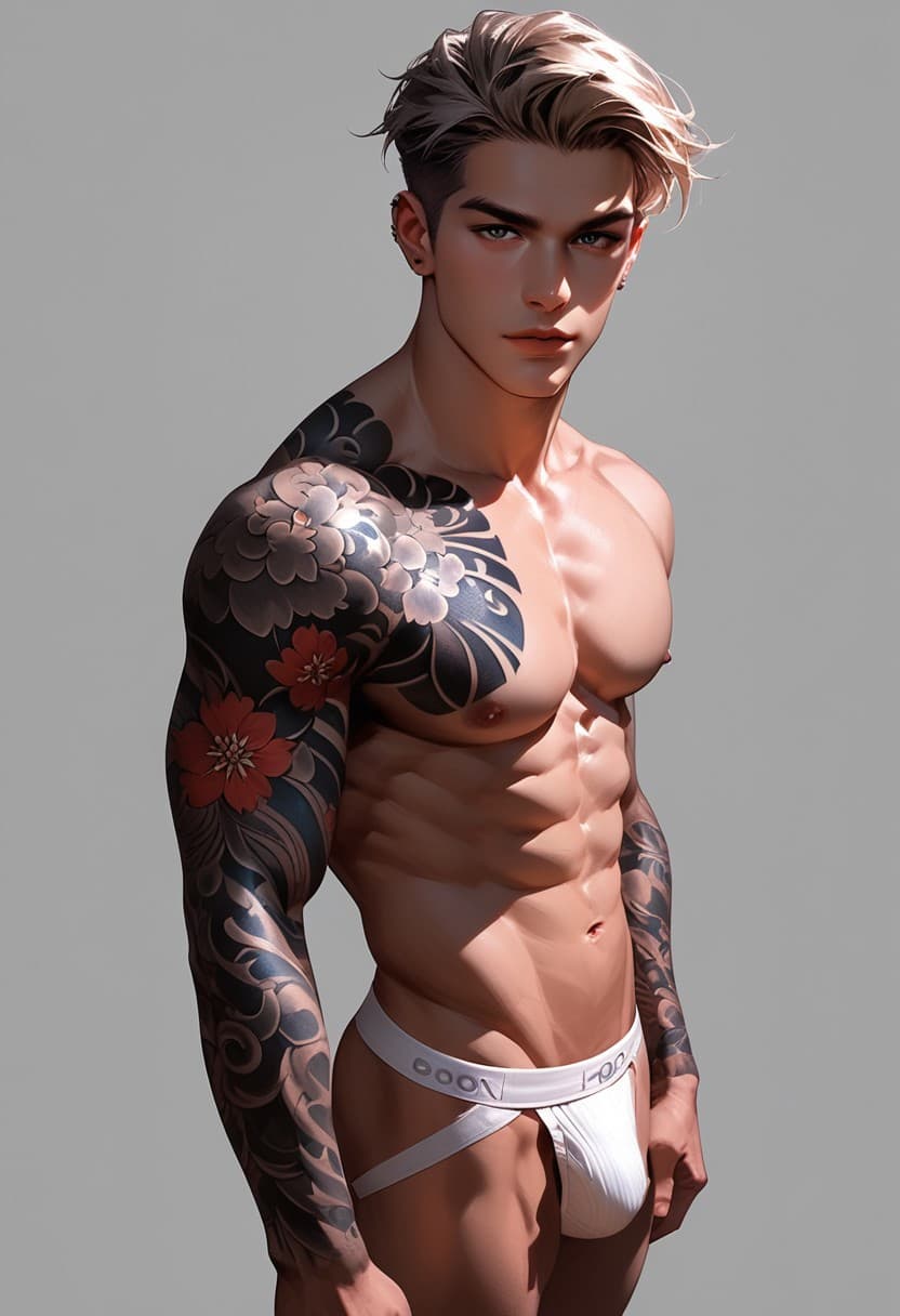 AI generated: very aesthetic, 1boy, handsome, solo, back focus , naked, white jockstrap, homoerotic, looking at vi...