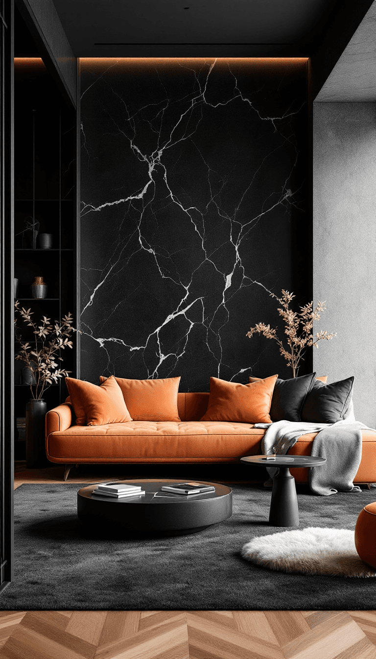 AI generated: a black living room with black marble walls and round tables, in the style of earthy naturalism, bol...