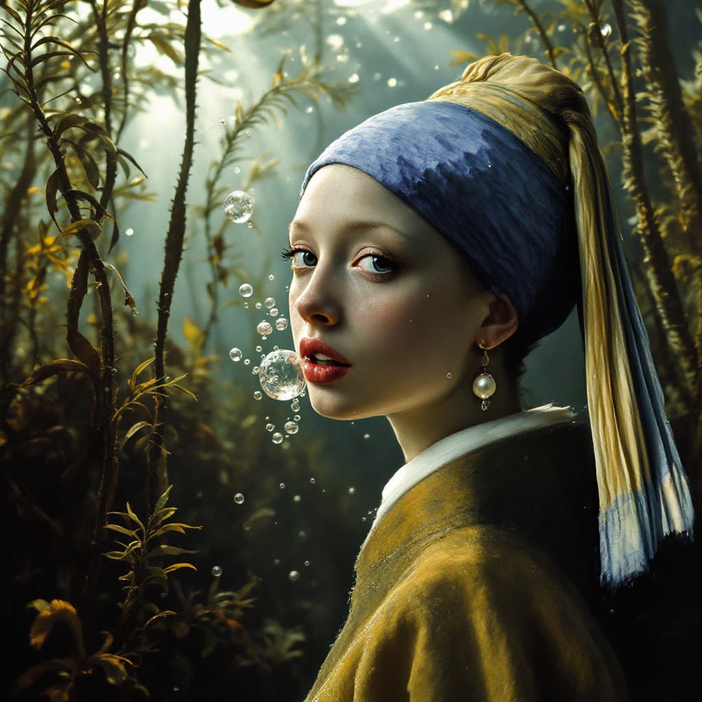 AI generated: girl with a pearl earring by johannes vemeer, underwater, bubbles from mouth, waving fronds of seawe...