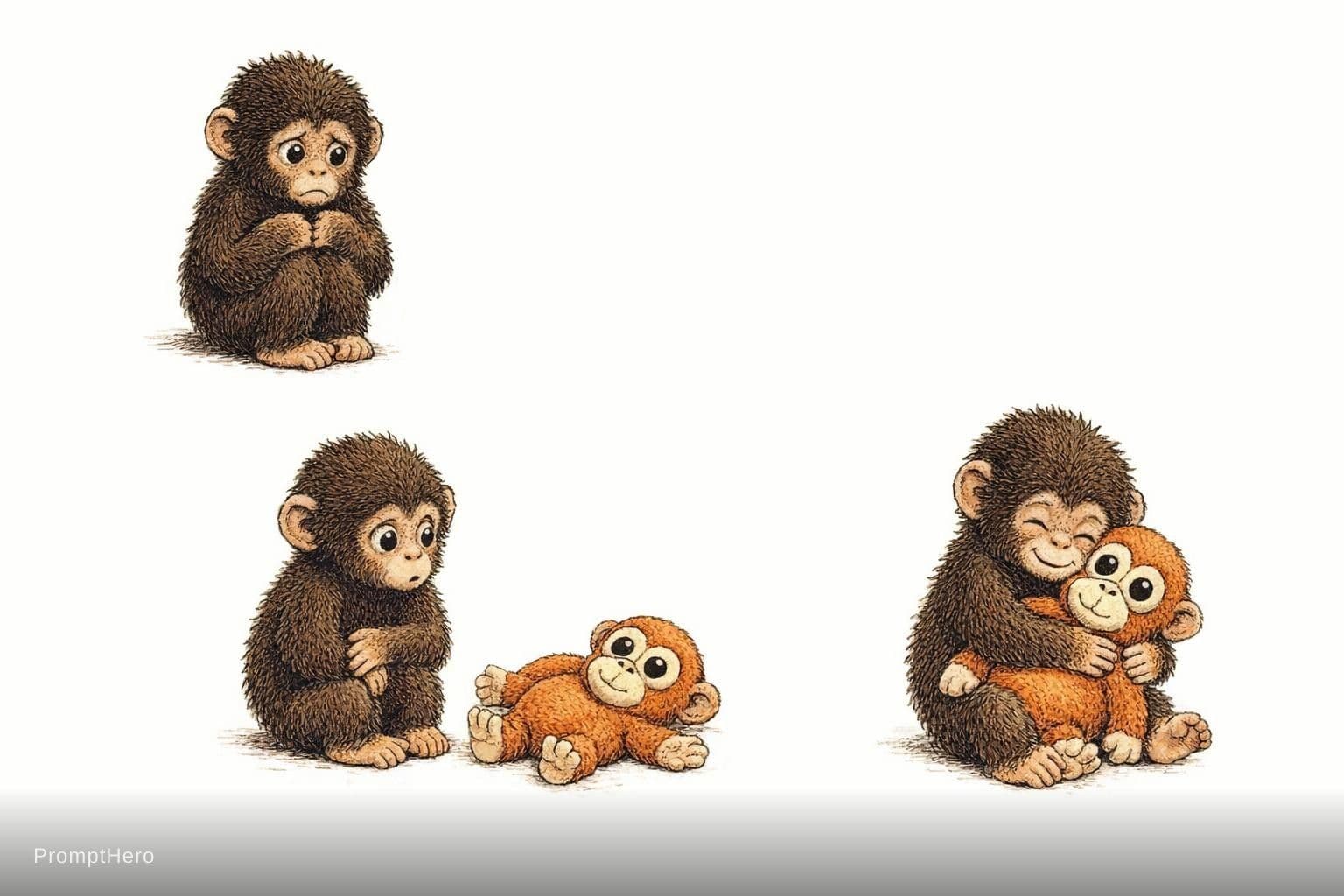 AI generated: vintage children's book illustration, emotional storytelling with 3 scenes, cute baby monkey with fl...