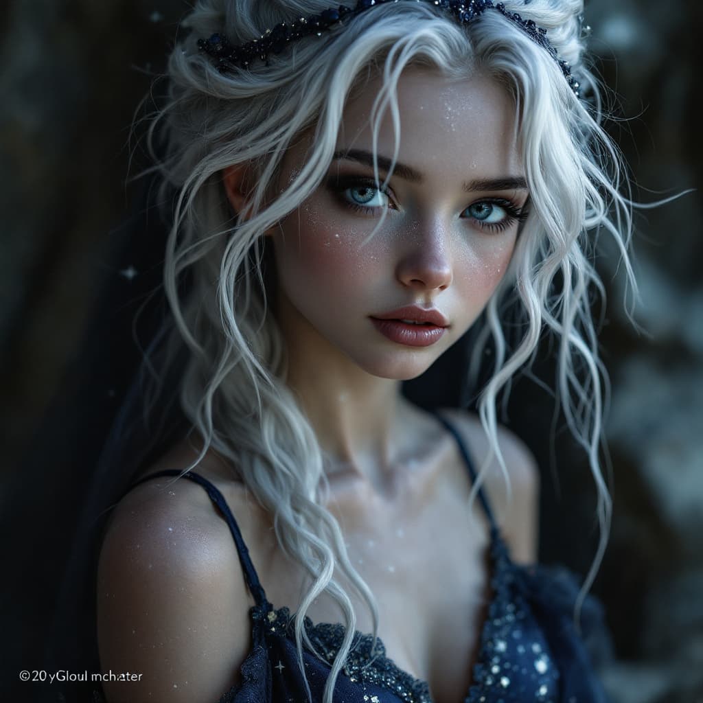 AI generated: 20 year old princess with Grey skin, with white freckles like stars, white hair with dark blue strea...