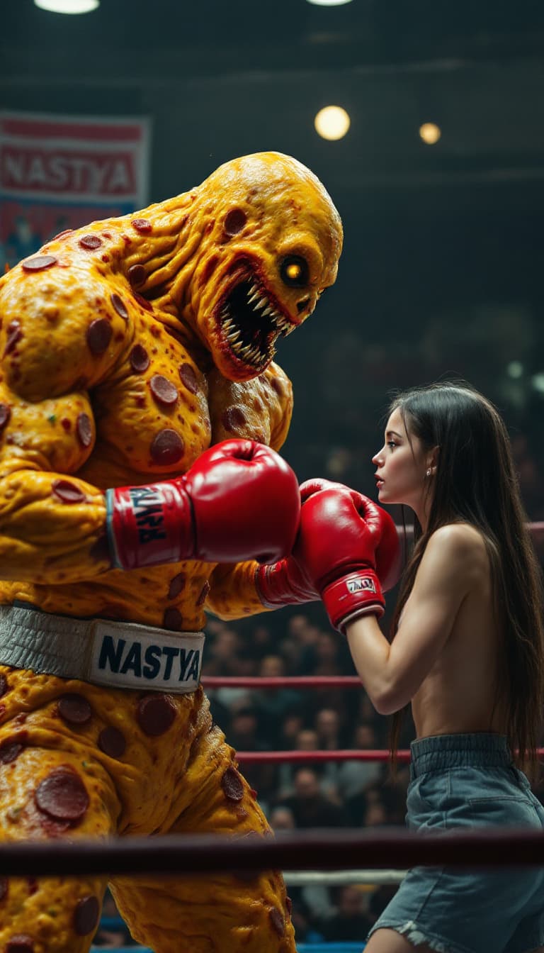 AI generated: RAW, photo of two photorealistic boxers fighting in a boxing arena. The first boxer is a human-like ...