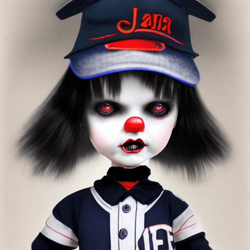 AI generated: full body shot,goth porcelain doll in a baseball uniform with ballcap,realistic face,glassy eyes, lo...