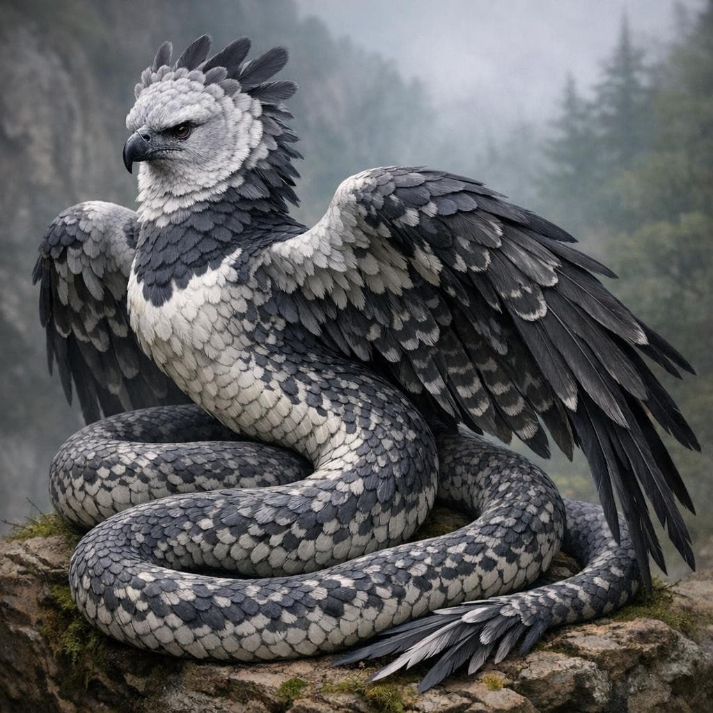 AI generated: create a new creature that is a mix of a Harpy Eagle and a Snake with the Head of the Harpy Eagle an...