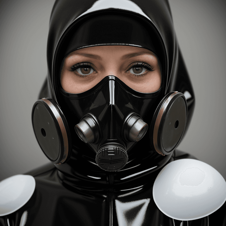AI generated: hyper realistic headshot photo of a 40 year old woman, wearing a latex gas mask, a black latex prote...