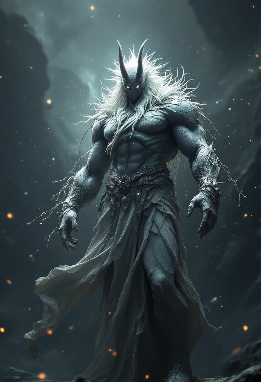 AI generated: God of the Sound, full-body, No Hair or mouth, Etherial, muscular, Glowing Grey eyes, epic, cinemati...