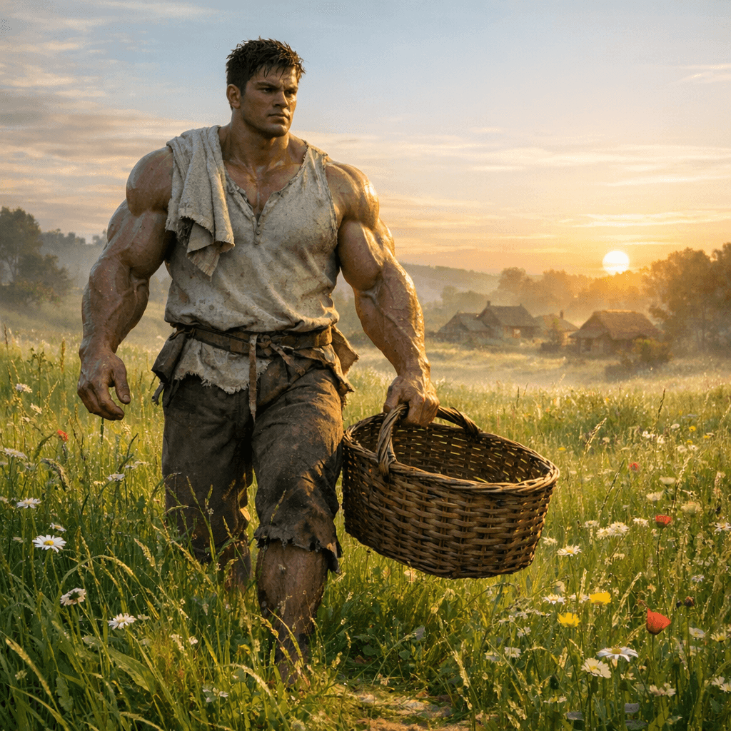 AI generated: Strong young village boy (Hulk-like but human), simple clothes, towel on shoulder, carrying empty ba...