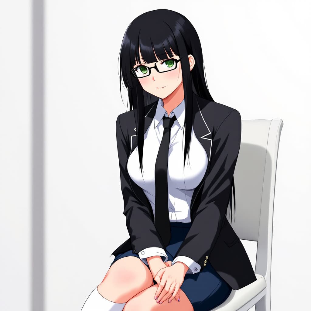 AI generated: anime, woman, black hair, long hair, straight bangs, green eyes, black glasses, white shirt, black t...