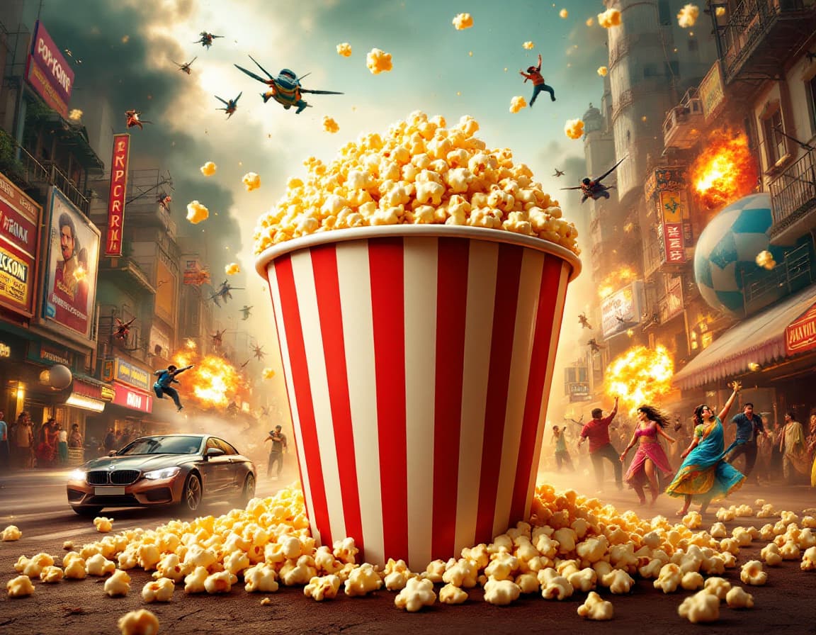 AI generated: A giant popcorn bucket, overflowing with popcorn, sits at the center of a vibrant Bollywood scene. T...