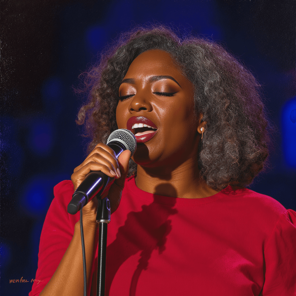 AI generated: A close-up portrait of a Black woman, likely in her 20s or 30s, singing into a microphone. She is po...