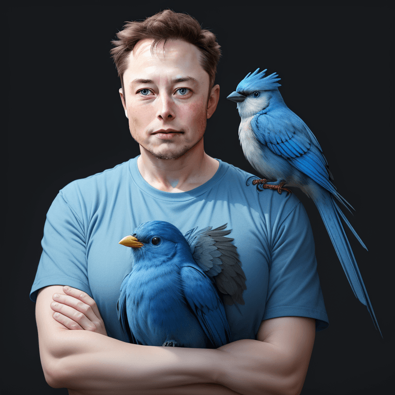 AI generated: front shot of (Elon Musk) with the (blue (twitter) bird) perched on his shoulder,  8k, hyperrealisti...