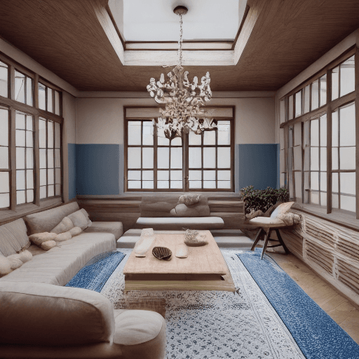 AI generated: High resolution photography interior design, dreamy sunken living room conversation pit, wooden floo...