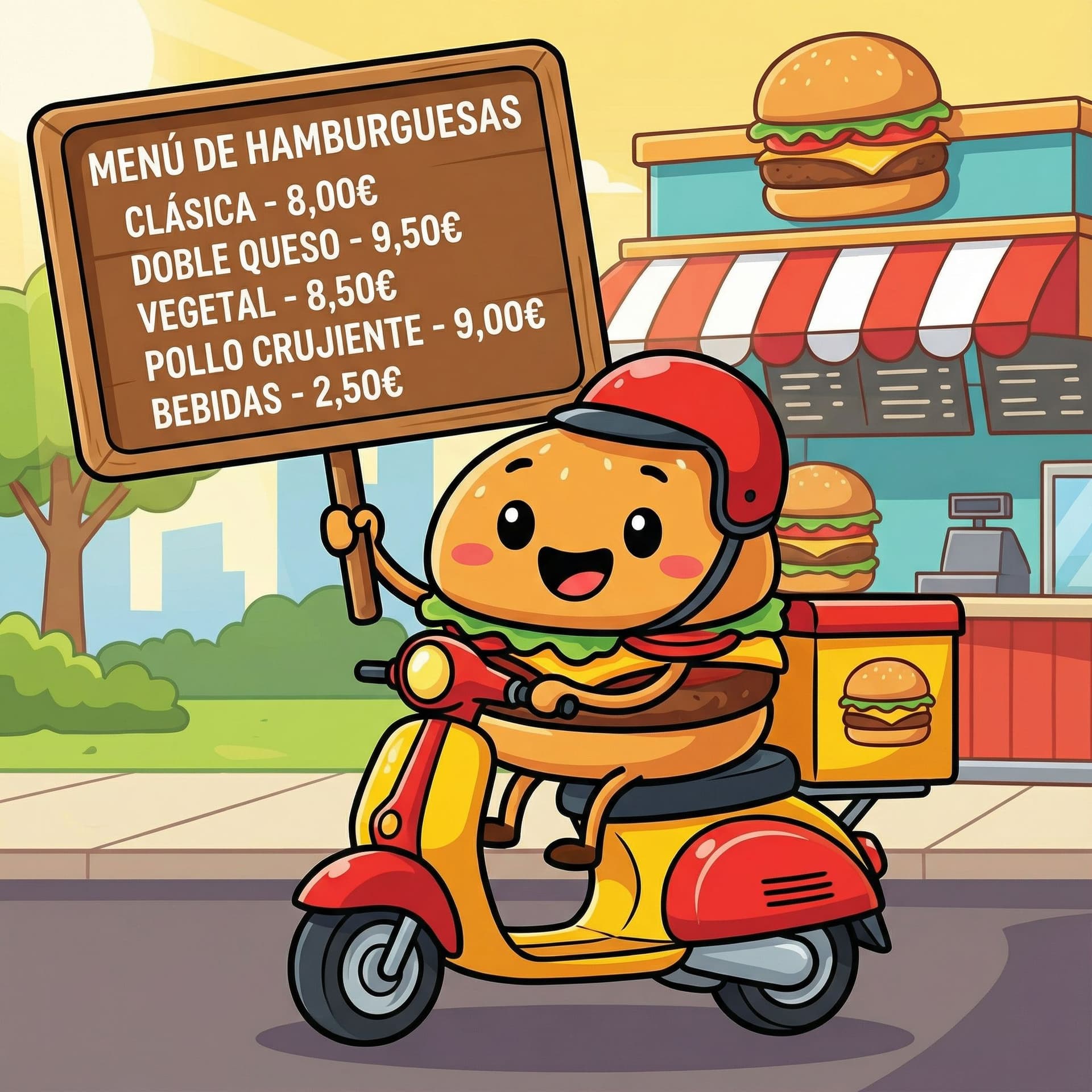 AI generated: Un dibujo animado en una moto presentando un  menu de hamburguesas, el idioma presentado del menu es...