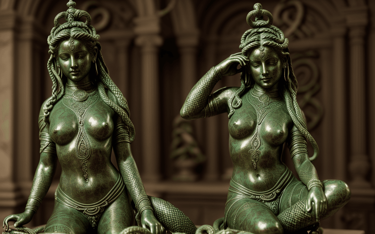 AI generated: statue andromeda GIRL,(entangled in snakes:1.1) ,decorative bronze, SYMBOLS,RUNES,green patina,(ambi...