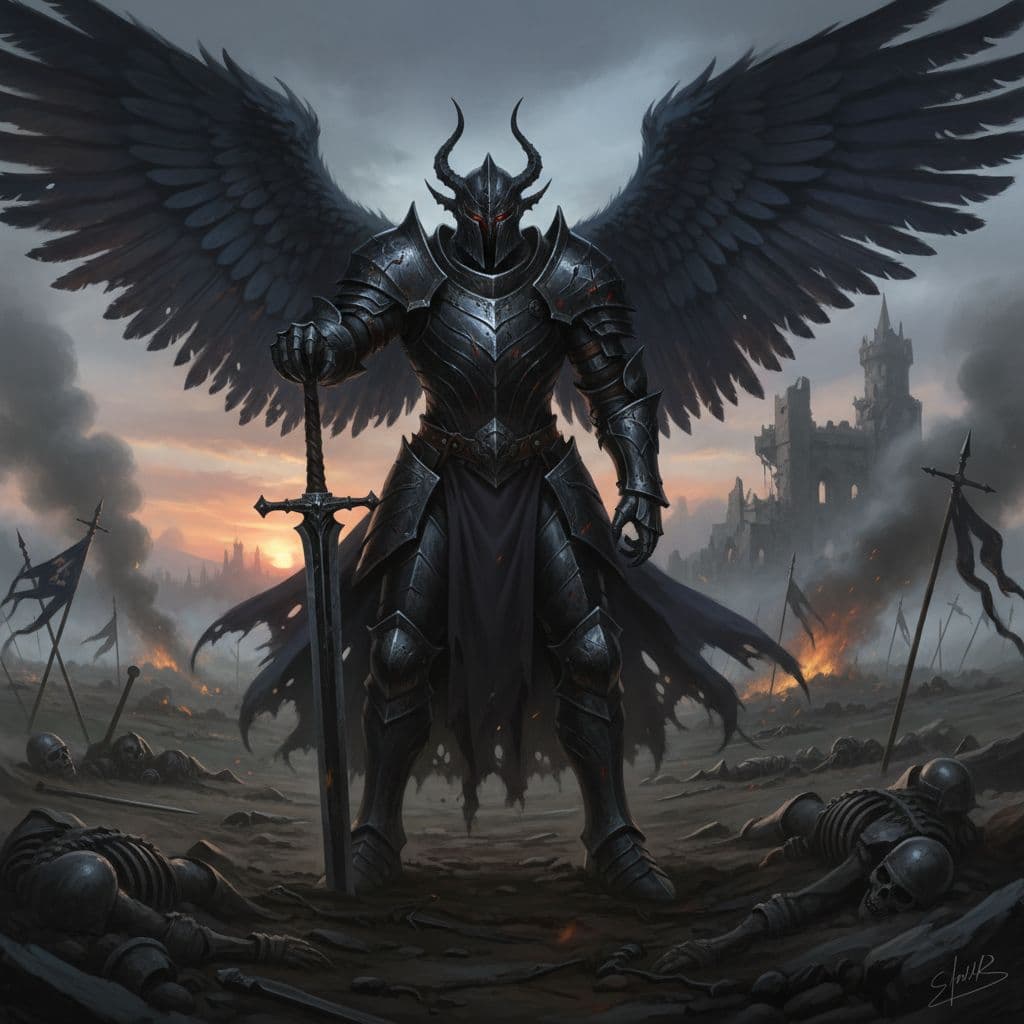 AI generated: a dark armored angel standing on a battlefield