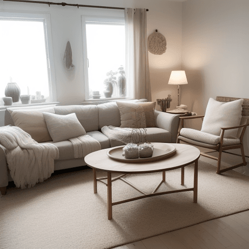 AI generated: A well-lit, cozy living room with plenty of natural light. Soft-toned furniture, plush carpet, and t...