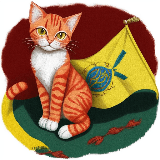 AI generated: a red cat in Ukrainian embroidery with the flag of Ukraine in its left paw