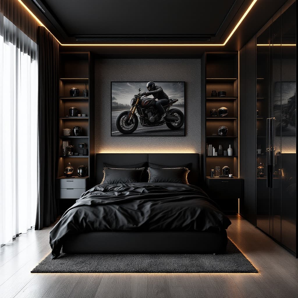 AI generated: A modern dark-themed 8x5 meter bedroom for a guy who loves motorcycles. Black and grey walls, black-...