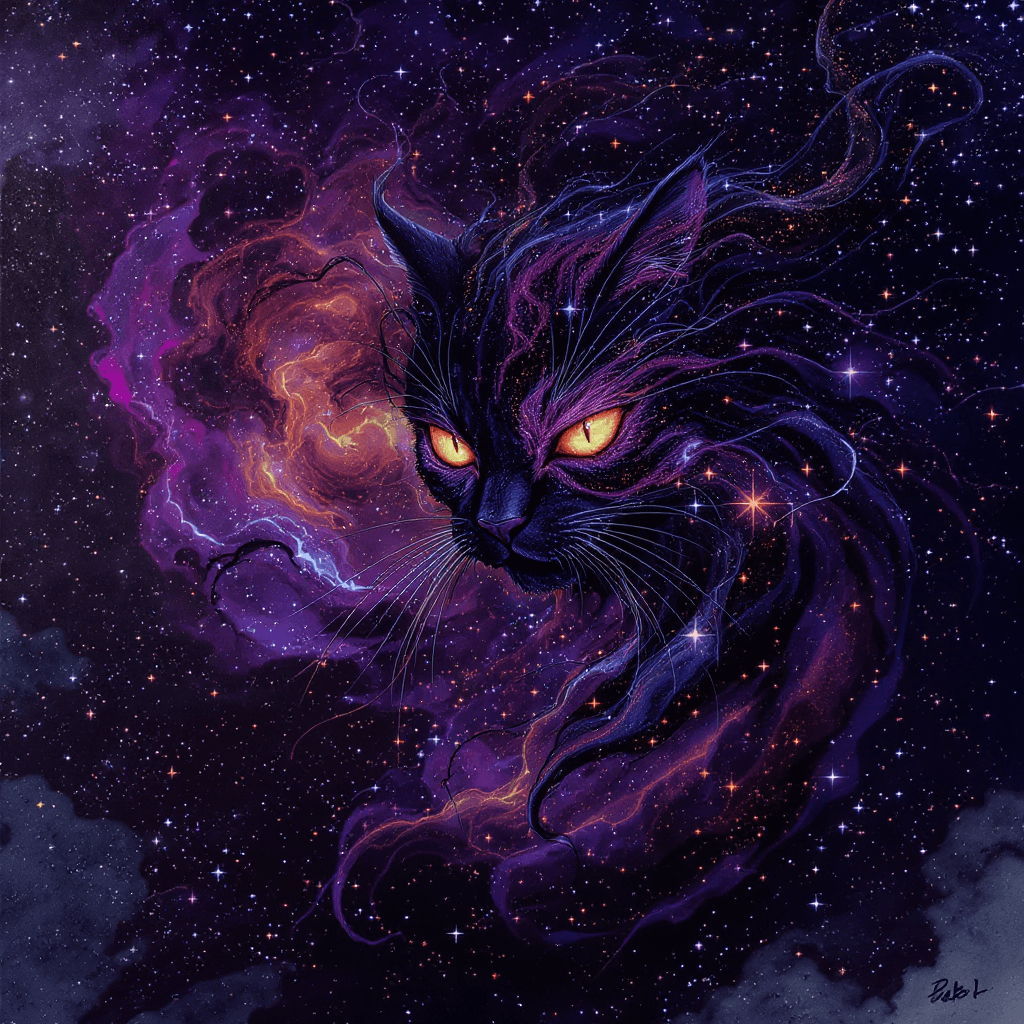 AI generated: A majestic cat emerging from a swirling cosmic space nebula, its form dissolving into inky tendrils ...