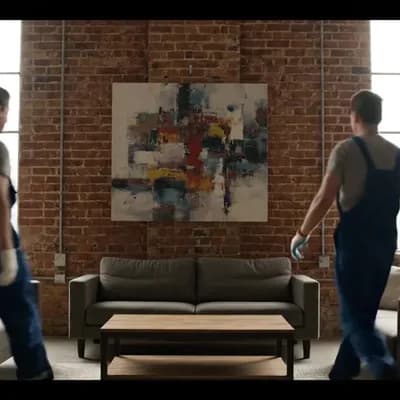 AI generated video: Two average-built white men with short black hair enter the frame slowly from both sides. They are w...