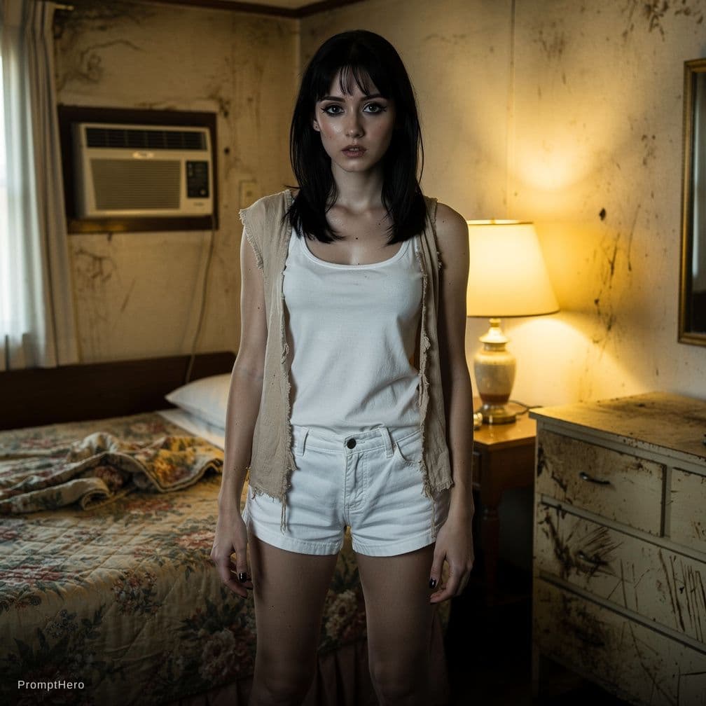 AI generated: In a very cheap looking motel room. Daytime, natural light and indoor lighting, One beautiful, black...