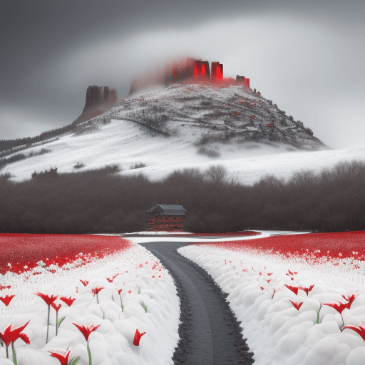 AI generated: Snow scenery, Snow road, blooming red lilies, two crumbled black towers in the distance, cloudy