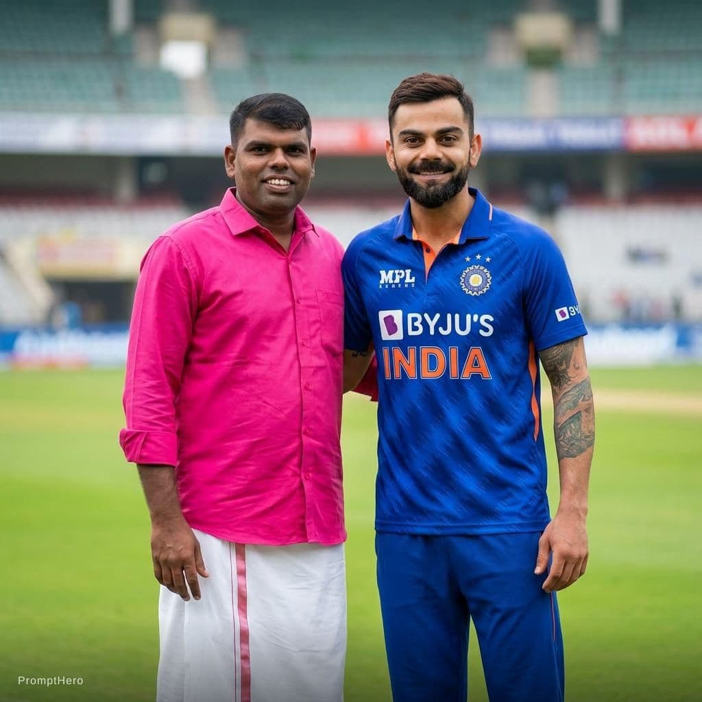 AI generated: Use the uploaded image of the man wearing a bright pink shirt and white dhoti as the base image. Sea...