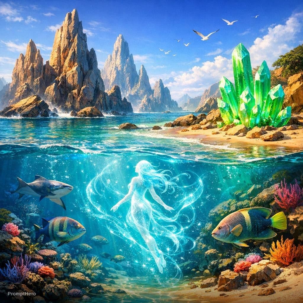 AI generated: "Vibrant coastal fantasy landscape with towering jagged rock formations, turquoise water revealing u...