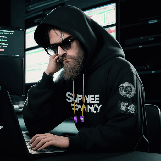 AI generated: hacker, front stance, looking forward, dark room, coder, computer, man, medium beard, cool, grunge, ...