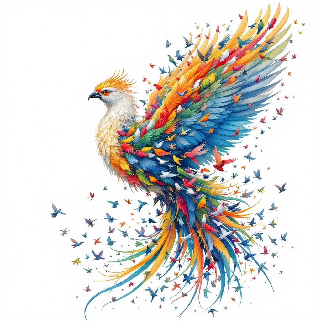 AI generated: A majestic phoenix-like bird composed entirely of various smaller birds, with intricate details and ...