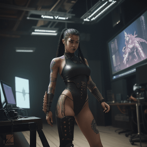AI generated: cyberpunk warrior with a dragon tatoo fighting a dune like worm in studio gibbly style