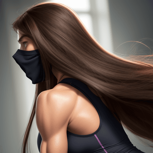 AI generated: very realistic front-view photo of a fitness woman bending forward with very long brown hair, all ha...
