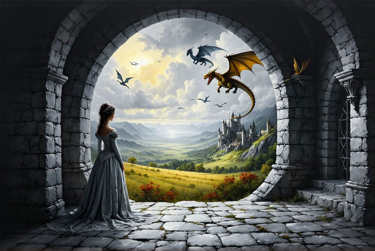 AI generated: A melancholic princess stands alone inside a castle turret, gazing longingly out the window. The int...