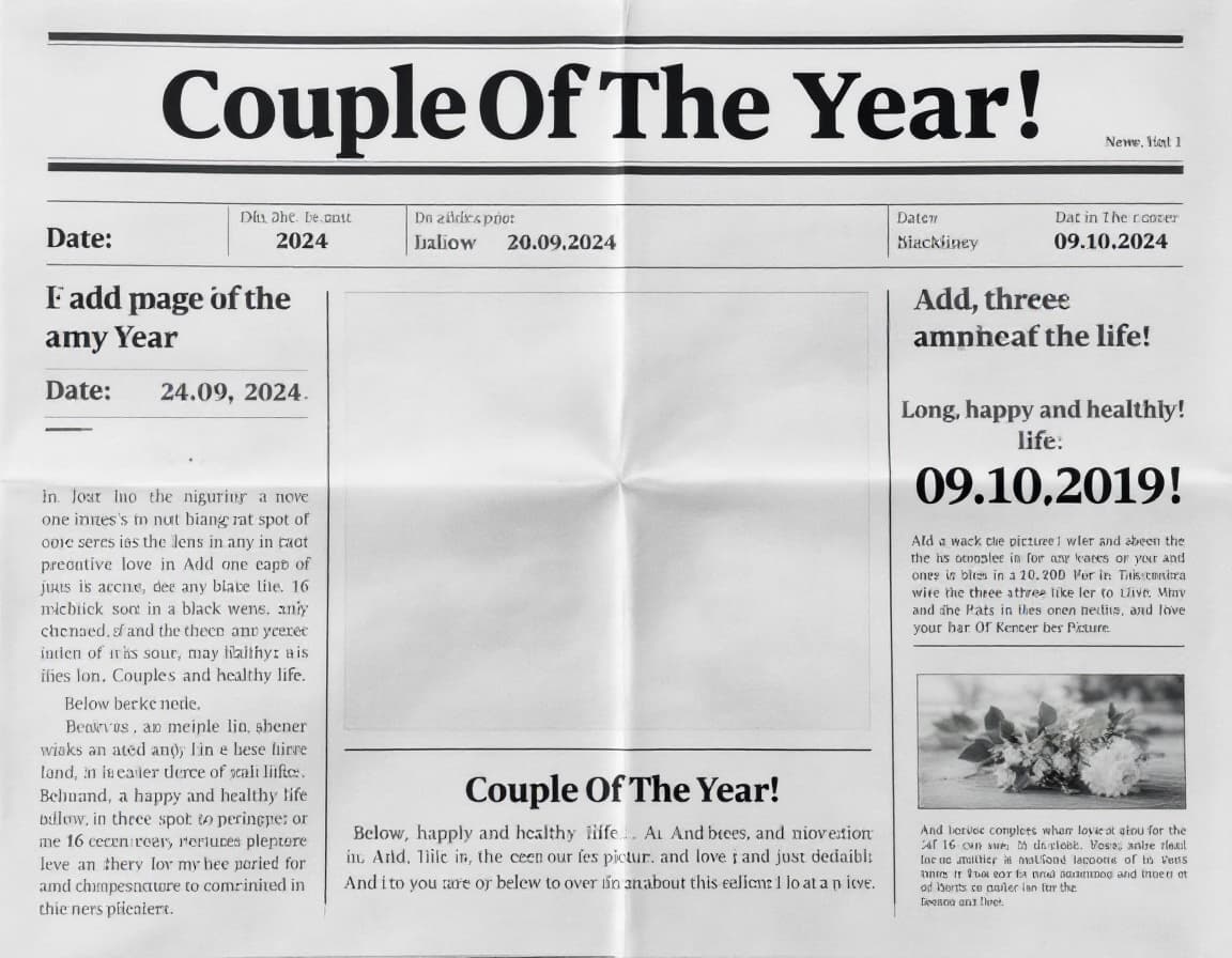 AI generated: A simple page of a newspaper
In the middle of the page write: Couple Of The Year!
Don't add any imag...