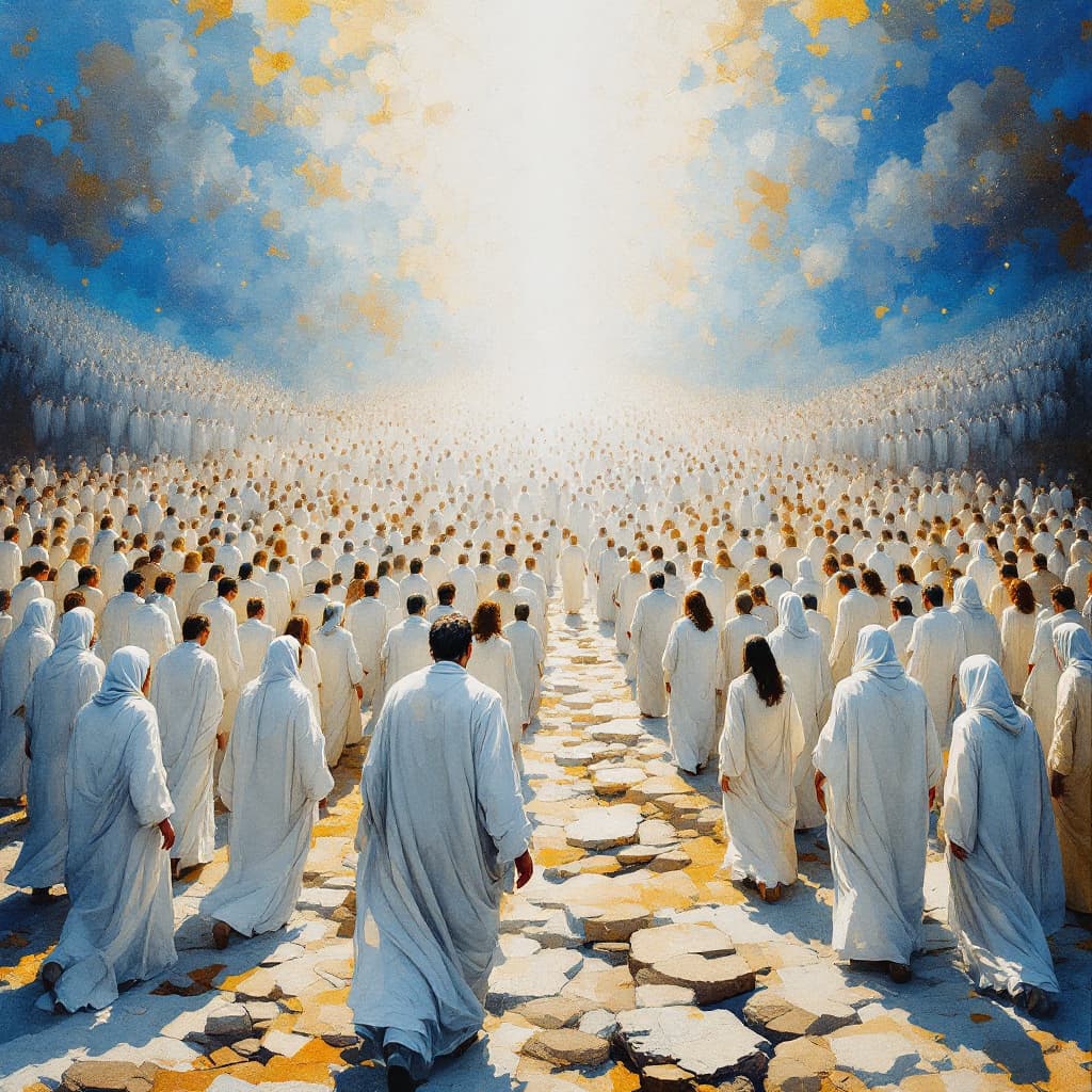 AI generated: An artist's painting of thousands of men and women in white robes all walking together toward Gods t...