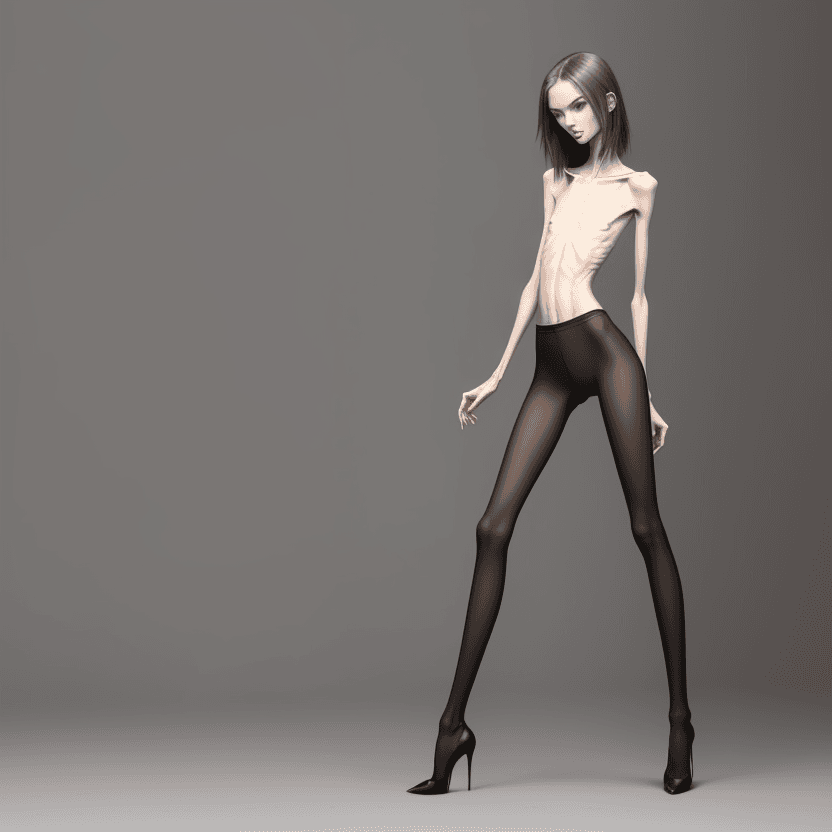 AI generated: extreme beautiful skinny slender (almost anorexic) girl with skinny slender thighs narrow, long fing...