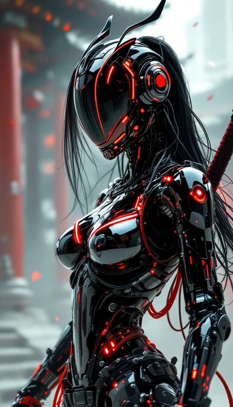 AI generated: in the style of ck-sfc, female cyberpunk robot samurai, robot face with mirrored face shield, hyperd...