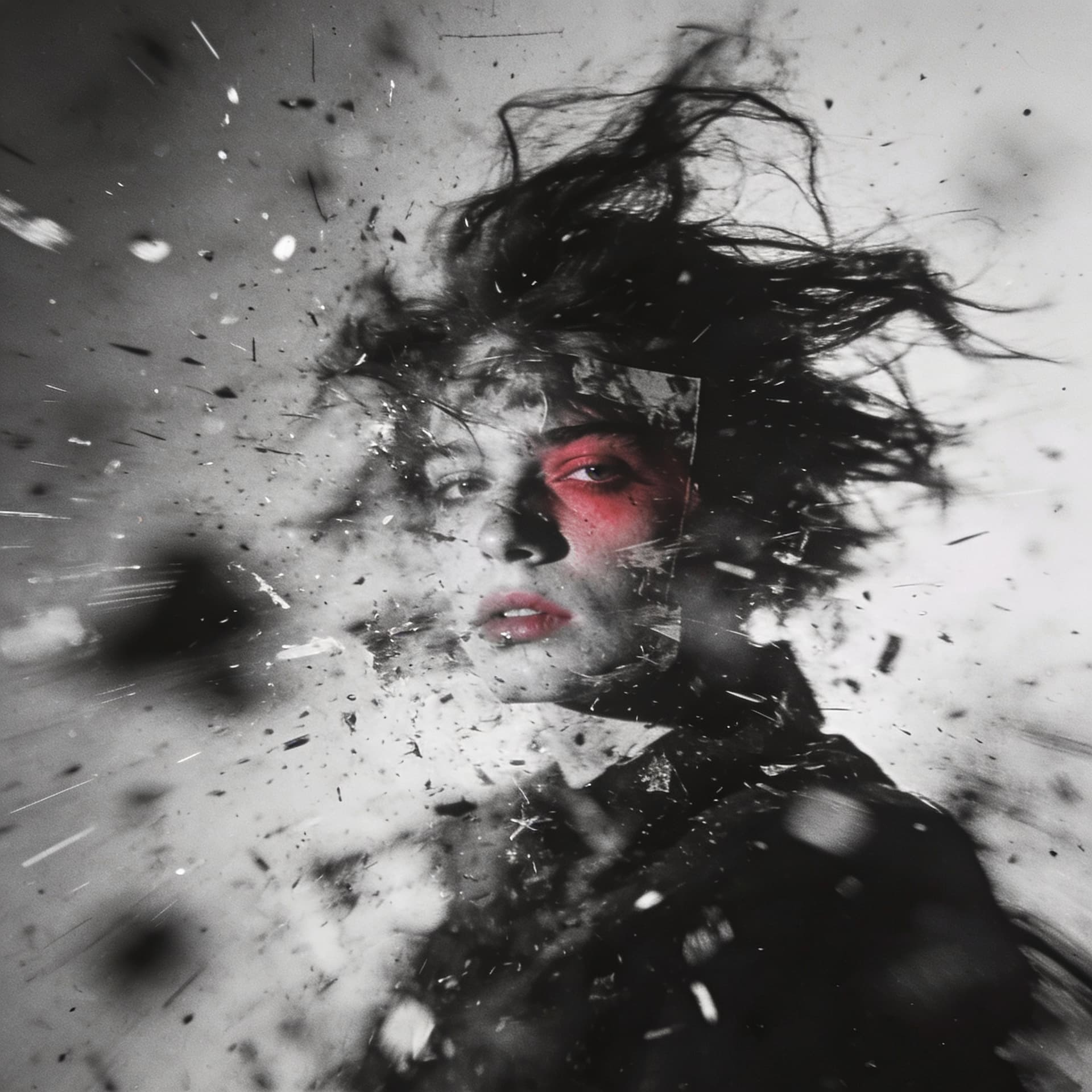 AI generated: A chaotic figure. Visual effects: black and white/gray tones, high noise/film grain, motion blur, bl...