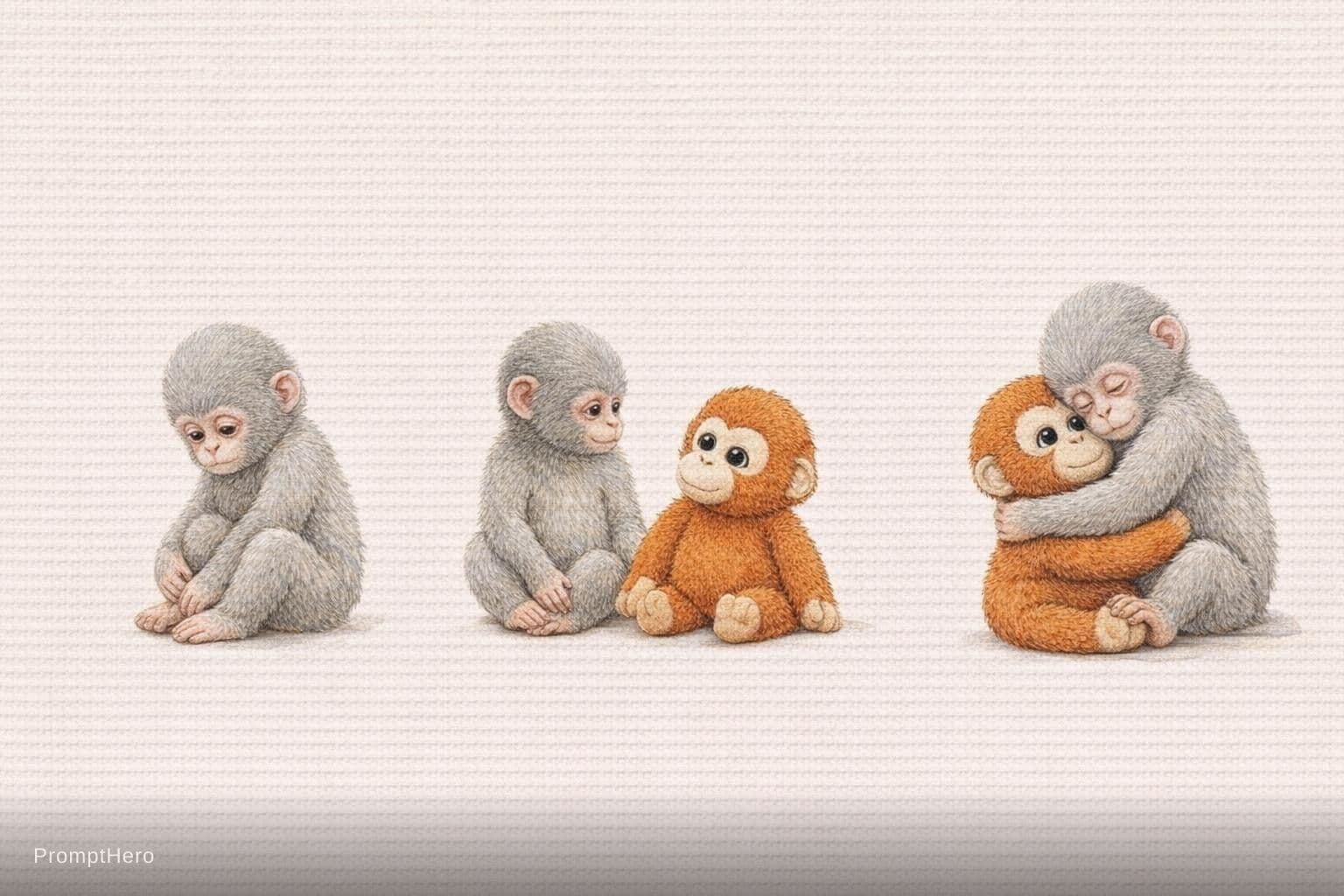 AI generated: scene 1: the baby monkey sitting alone looking quiet and thoughtful

scene 2: the monkey looking gen...