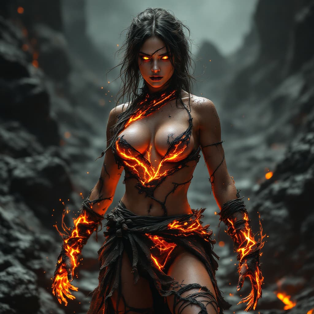 AI generated: In a barren, volcanic landscape, a fierce woman stands amidst jagged black rocks, her presence both ...
