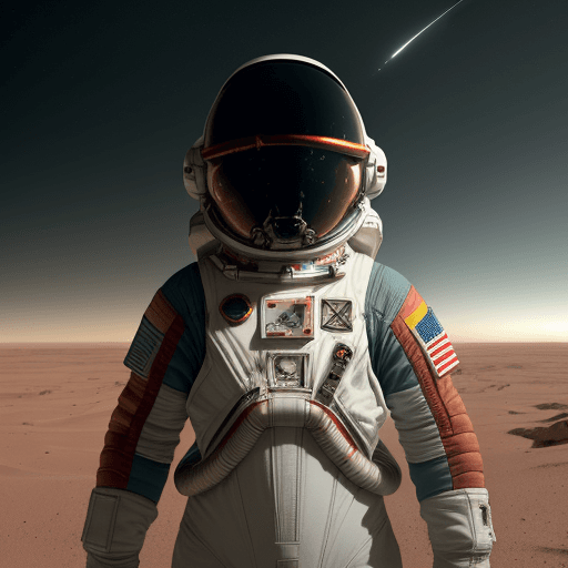 AI generated: male astronaut, rocket, Mars surface, dusty, barren, reddish, green sky, sleek white spacesuit, helm...