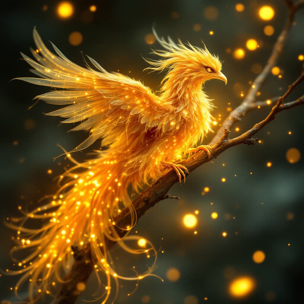 AI generated: A mystical scene captures the ethereal beauty of a luminescent creature, reminiscent of a phoenix, p...