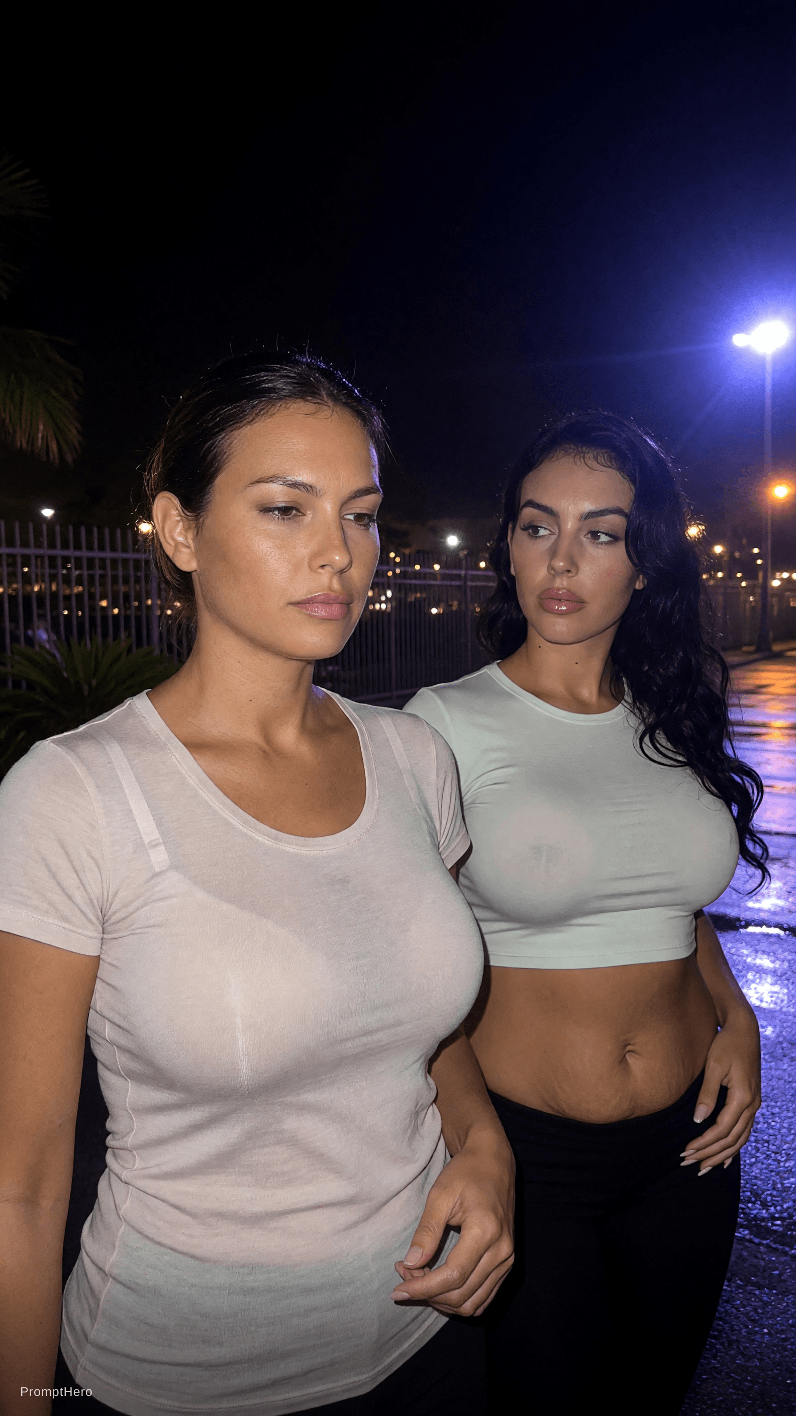 AI generated: Melania Trump is wearing a light undershirt; she stands silently at night, with Georgina Rodriguez b...