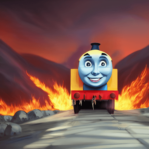 AI generated: high wide view photograph of cheerful smiling Thomas the Tank Engine driving through the fiery lava ...