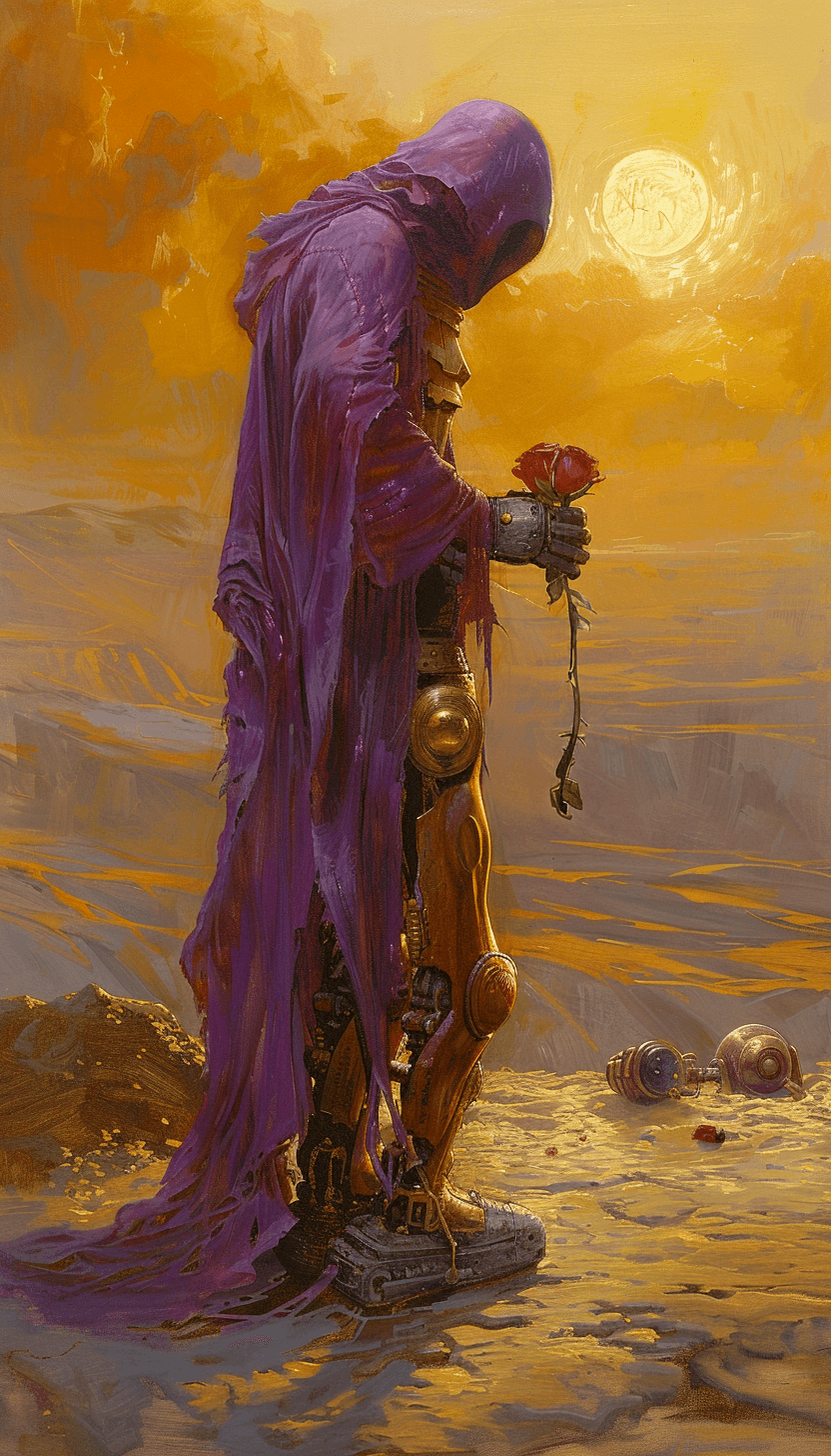 AI generated: A purple-robed alien priest giving roses to an orange robot in the desert, in the style of Donato Gi...