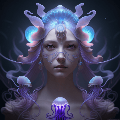 AI generated: Goddess close-up portrait ribcagel. jellyfish phoenix head, nautilus, orchid, skull, betta fish, bio...