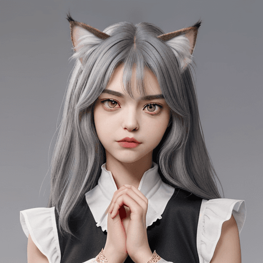 AI generated: The character has short, layered gray hair with slightly wavy tips, complemented by prominent cat ea...