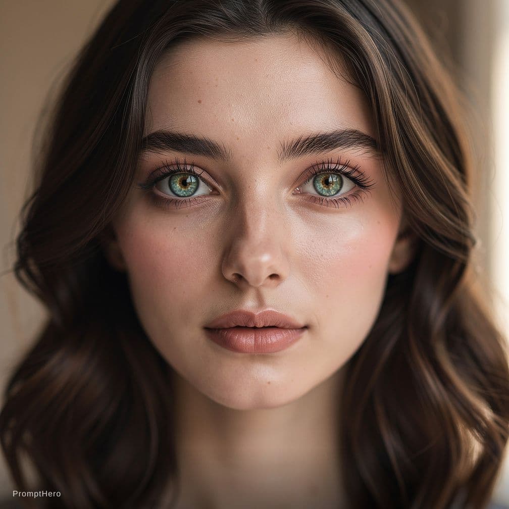 AI generated: A highly realistic portrait of a woman, oval slightly elongated face, soft feminine features, light ...
